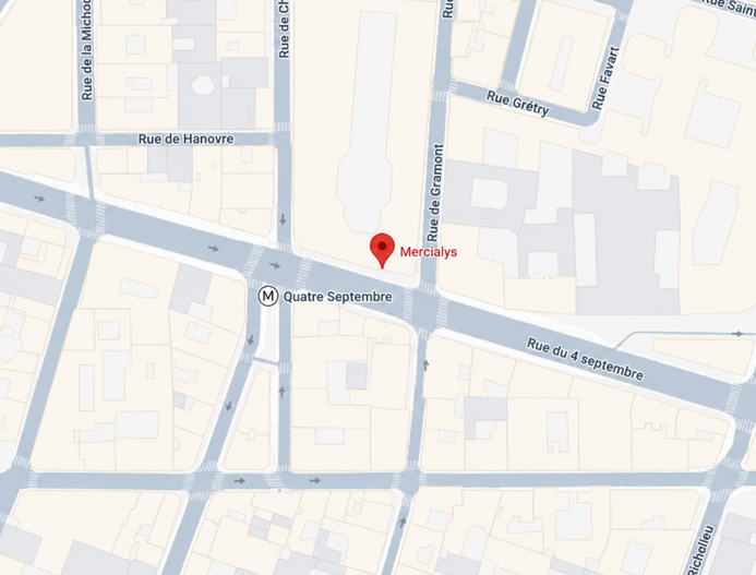Plan du quartier du siège de Mercialys, rue du Quatre-Septembre à Paris